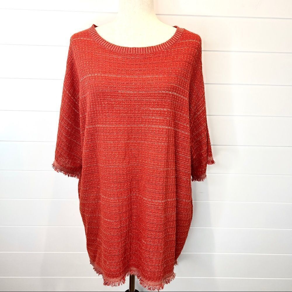 Zara Oversized knit Rust Colored Tunic Gold Accents  Frayed Hemming S Runs big